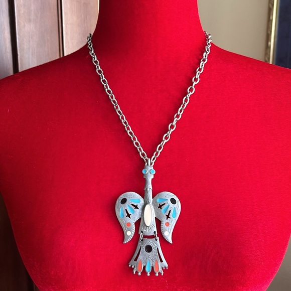 Vintage Pewter Enameled Thunderbird Necklace - Picture 1 of 6